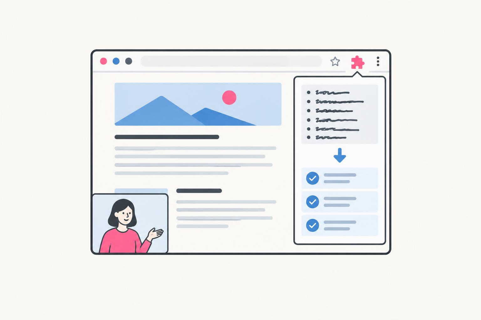 Flat browser illustration with a puzzle-piece extension icon and annotation side panel
