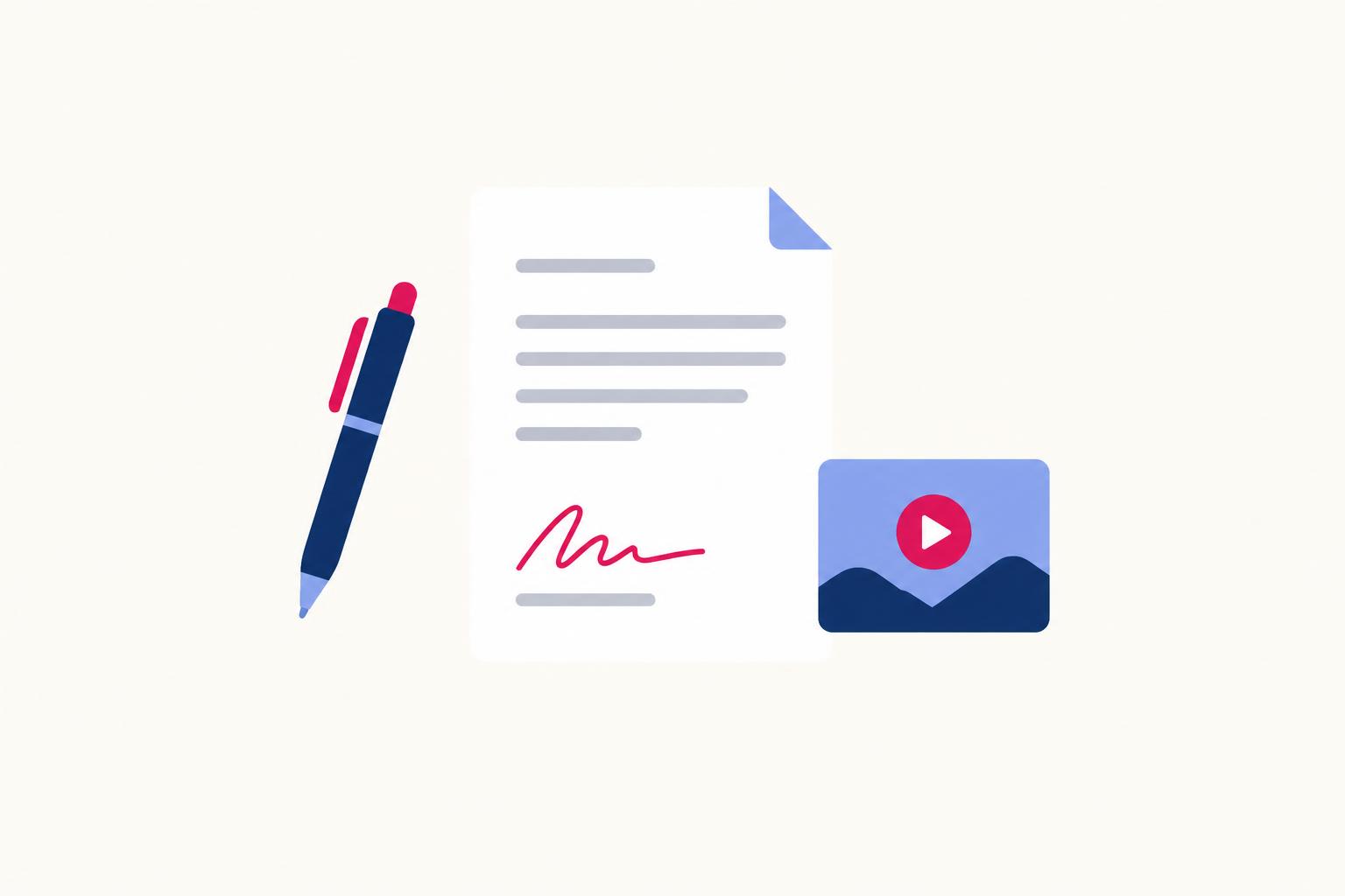 A signed document beside a pen and a small video tile with a play button