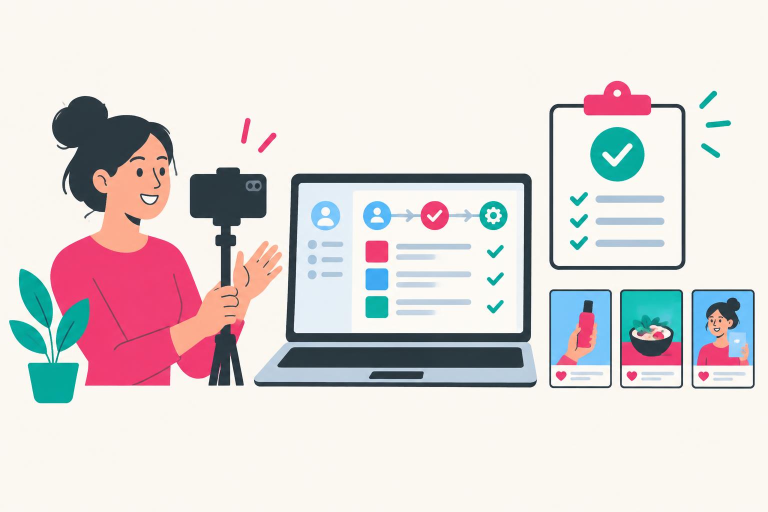 Illustration of a creator recording a software demonstration beside a hiring checklist