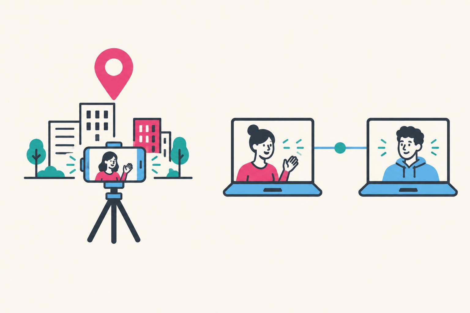 Illustration comparing a local city filming setup with creators collaborating remotely on laptops