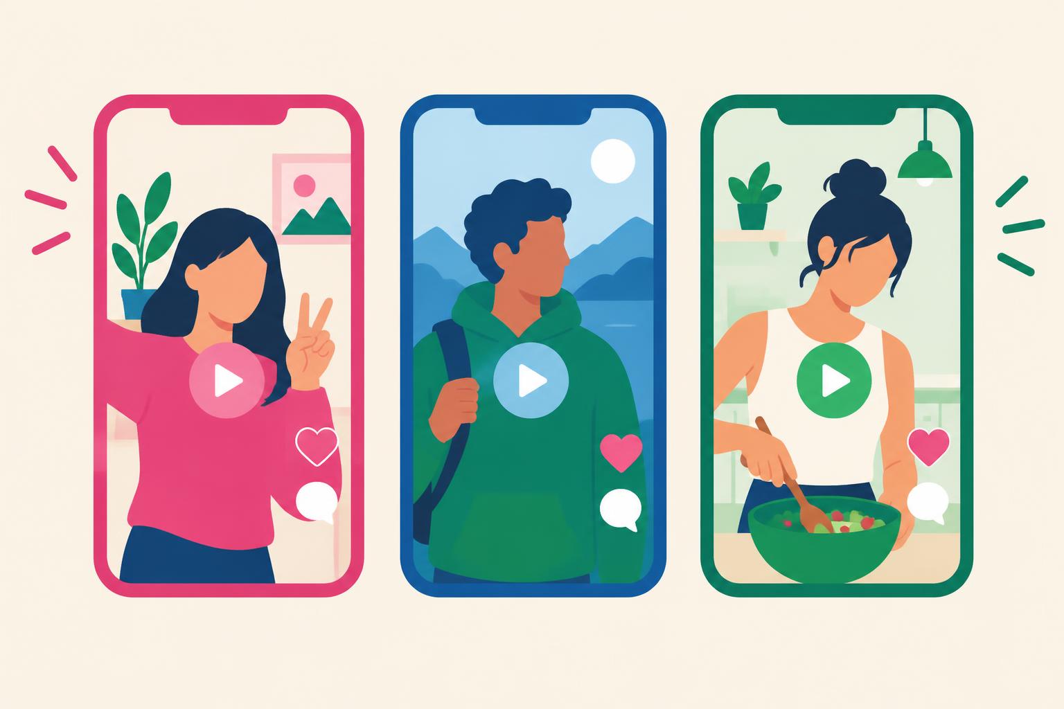 Flat illustration of three phones showing creator videos with likes and comments