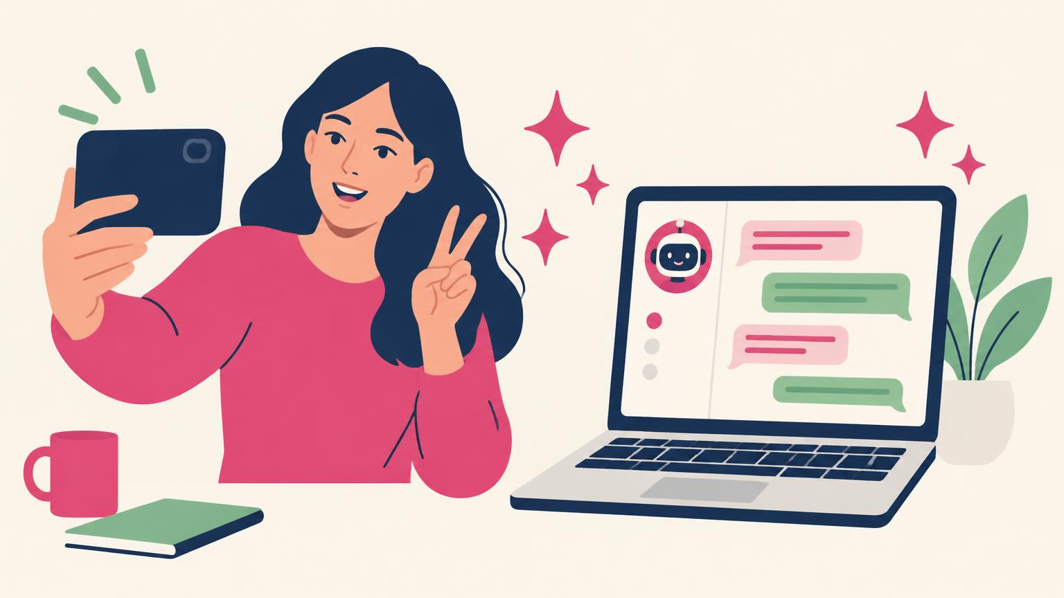 Flat illustration of a creator filming herself on a phone next to a laptop running an AI chat app