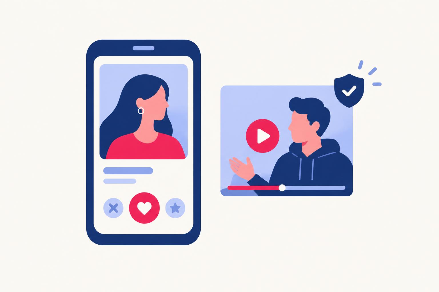 Phone showing a dating profile card with a heart button beside a creator video tile and a shield icon