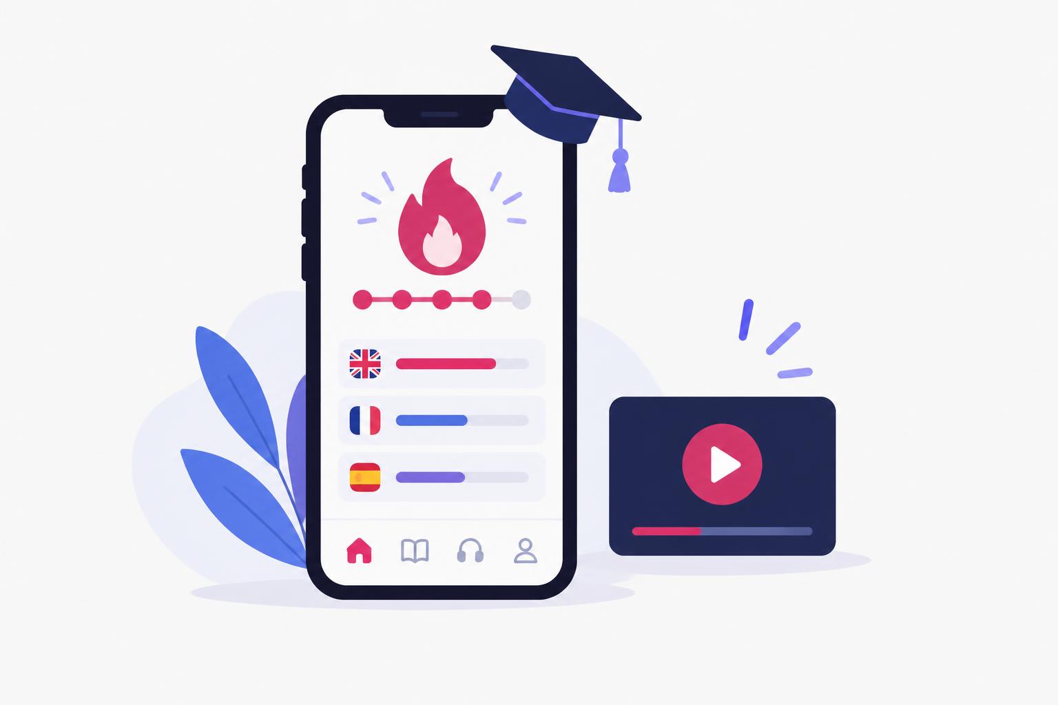 Phone showing a language-learning app with a streak flame and graduation cap beside a video tile