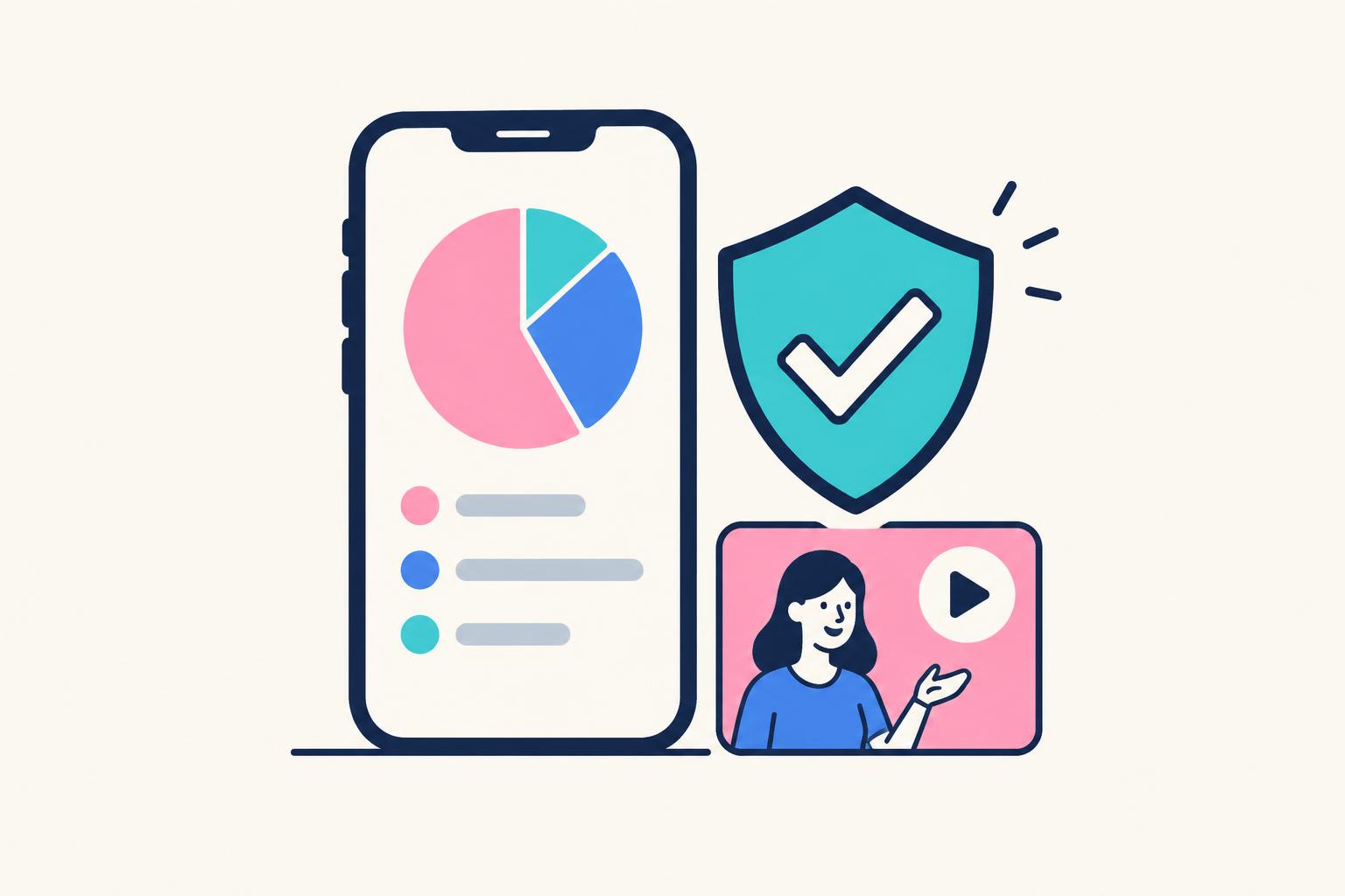 Budgeting-app phone beside a shield checkmark and creator video tile