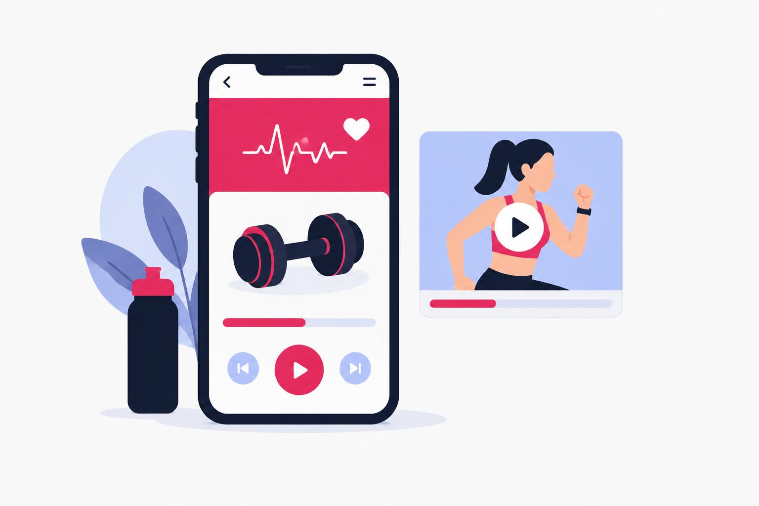 Phone showing a fitness app with a heart-rate line and dumbbell beside a creator video tile