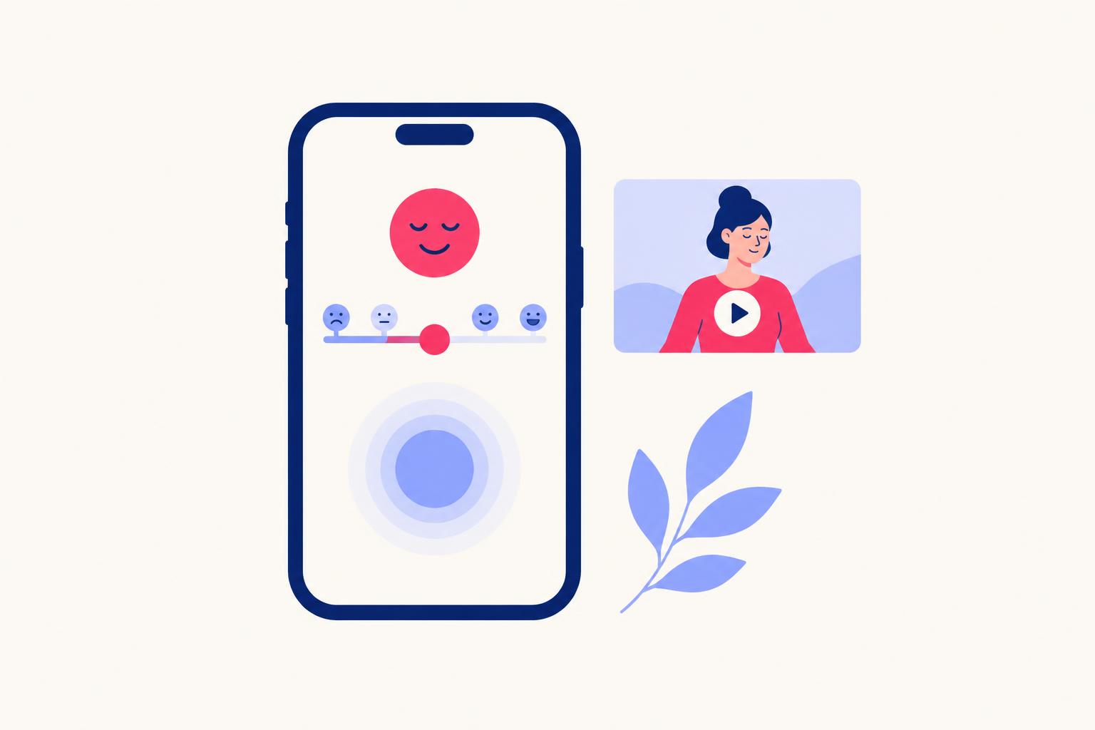 Phone showing a calm mood check-in slider and breathing circle beside a creator video tile and a leaf