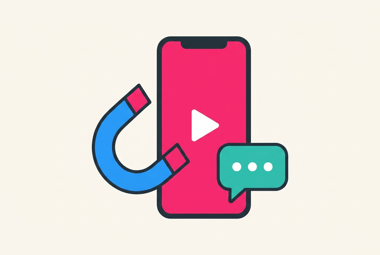 Minimal illustration of a phone video, an attention magnet and a teal speech bubble