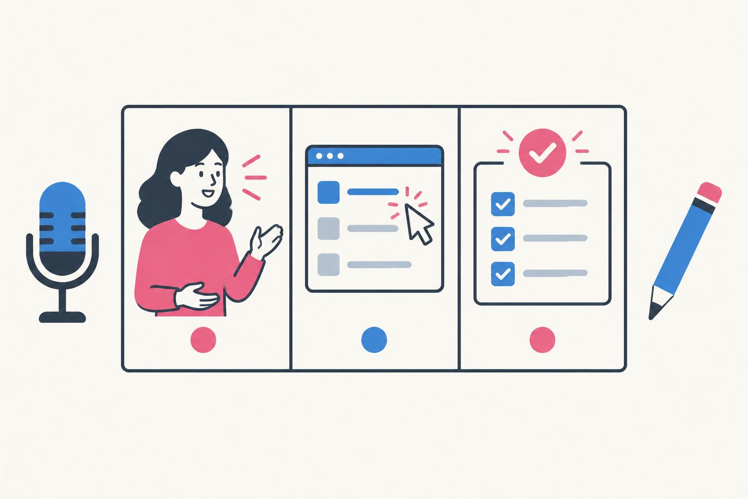 Flat storyboard illustration with presenter, software workflow, and completed checklist
