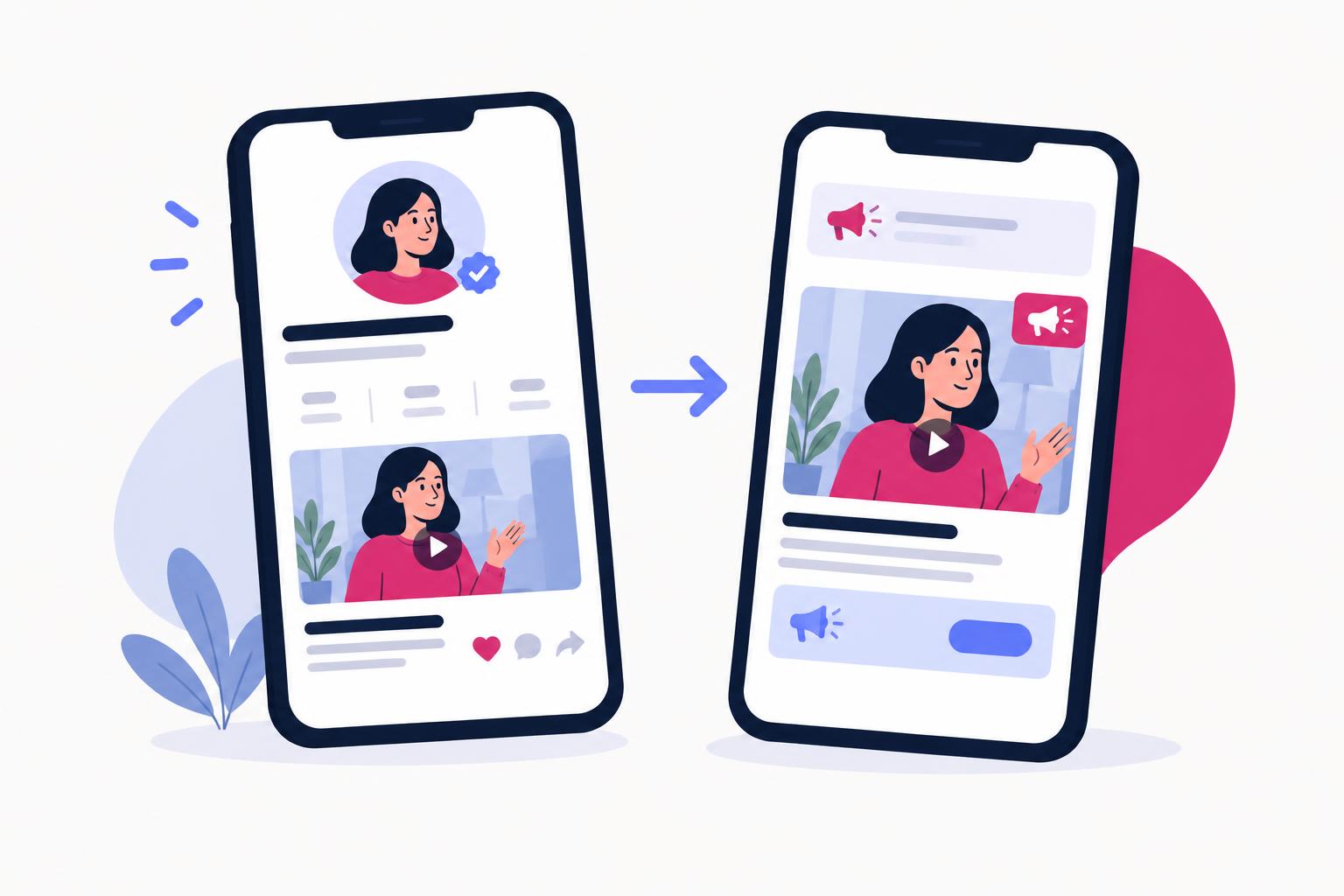 Two phones showing a creator profile and the same video boosted as a sponsored ad