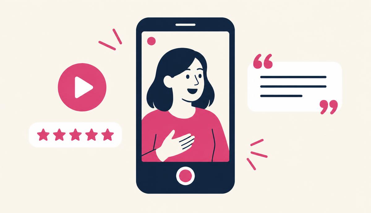 Minimal flat illustration of a smartphone recording a video testimonial with a play button, star rating, and quote marks
