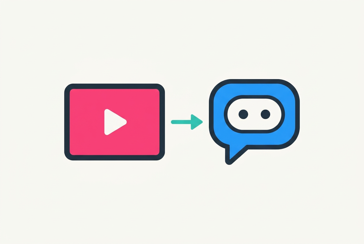 Minimal illustration of a video player connected by an arrow to a blue AI chat bubble