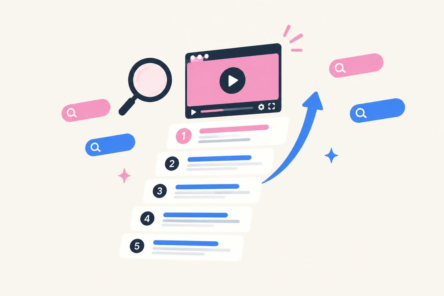 Flat illustration of a video player rising above ranked search results with a magnifying glass and keyword tags