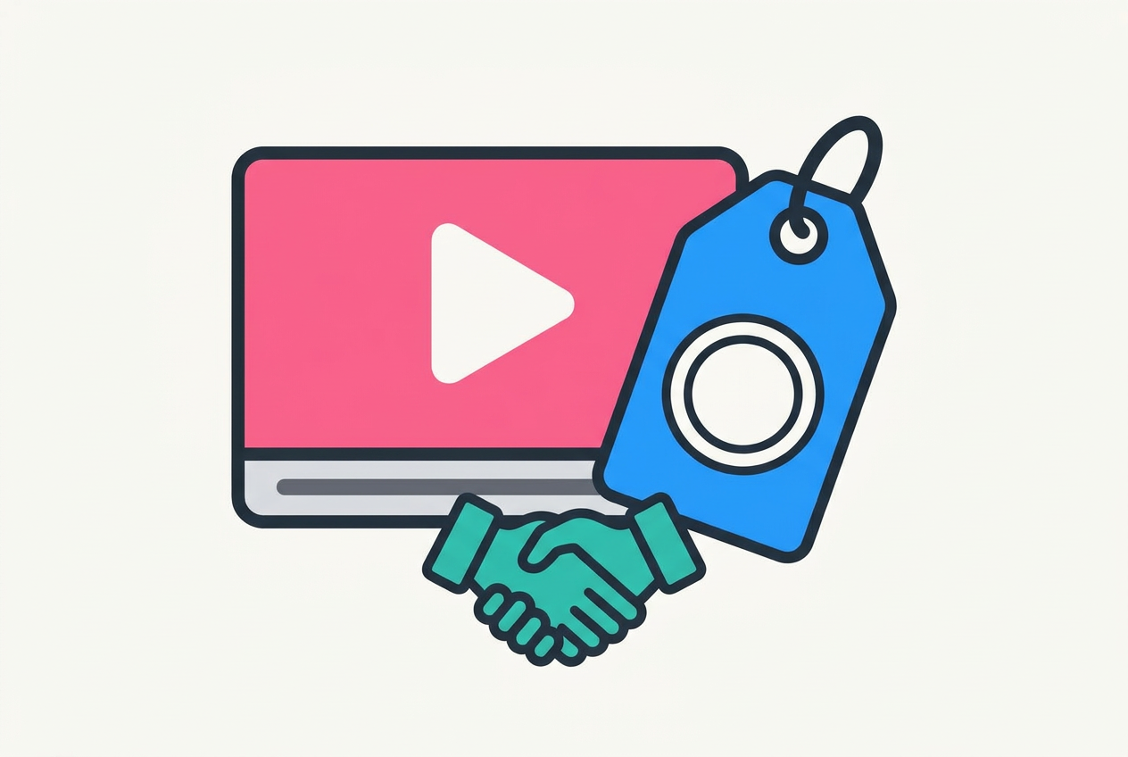 Minimal illustration of a pink video player, a blue price tag and a teal partnership handshake