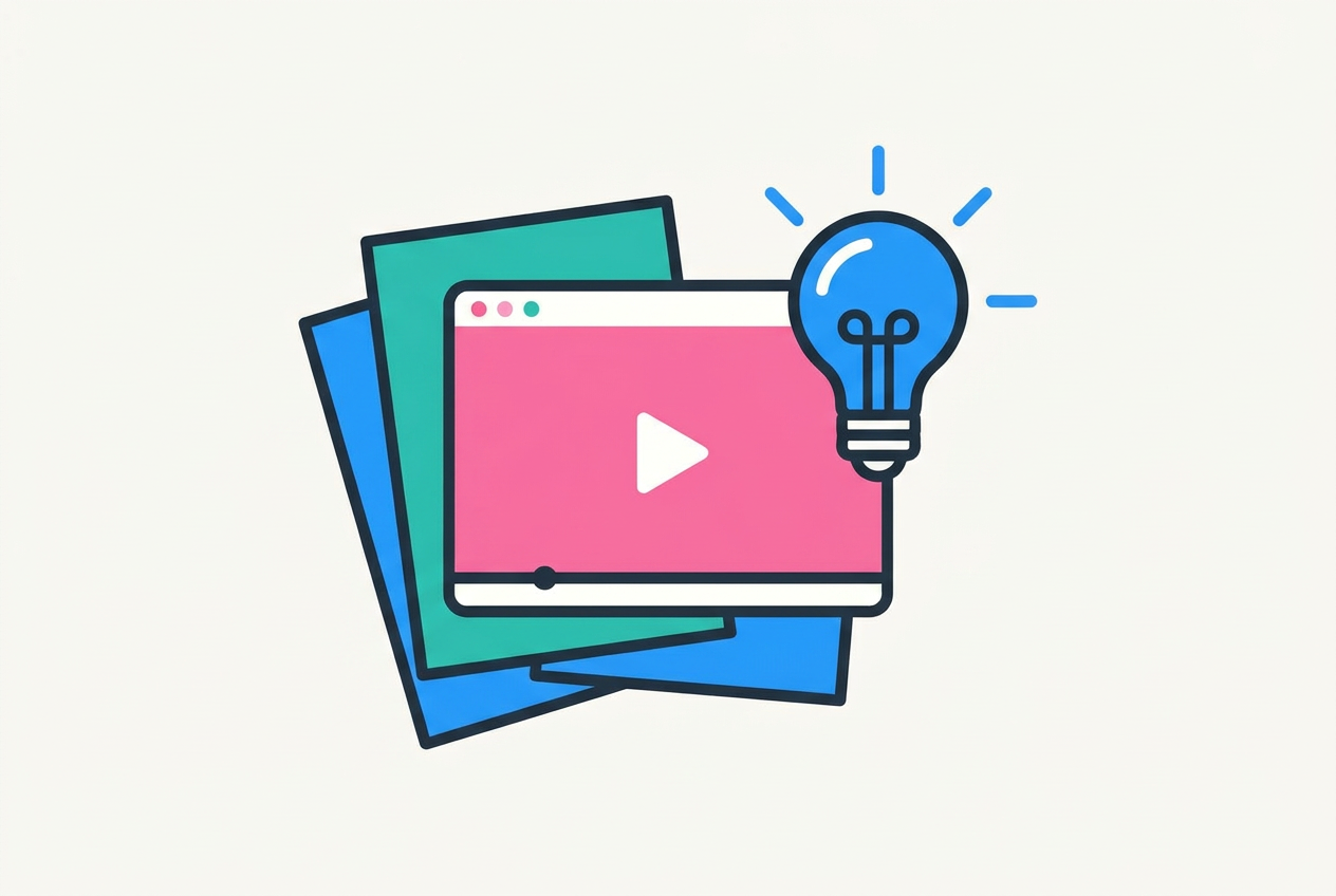 Minimal illustration of a video player, stacked idea cards and a blue lightbulb