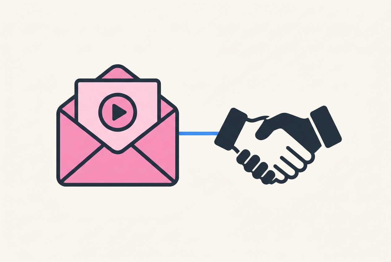 Minimal illustration of a video outreach envelope connected to a partnership handshake